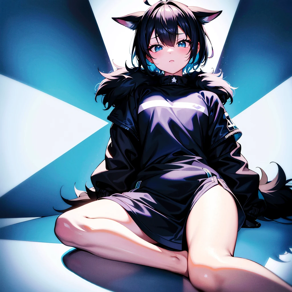 Ultra-high resolution, Best aesthetics, The depiction of the feet is of the highest quality, Wear a jacket, Black and blue fur on the back, Flat avatar, Cute girl anime visuals, Cute art style, Little, short hair, Ahoge, I'm shy, Laughter, hair ornaments,drawing on paper, Simple Background, Earrings, gem, Side Lock, Large oval eyes,
