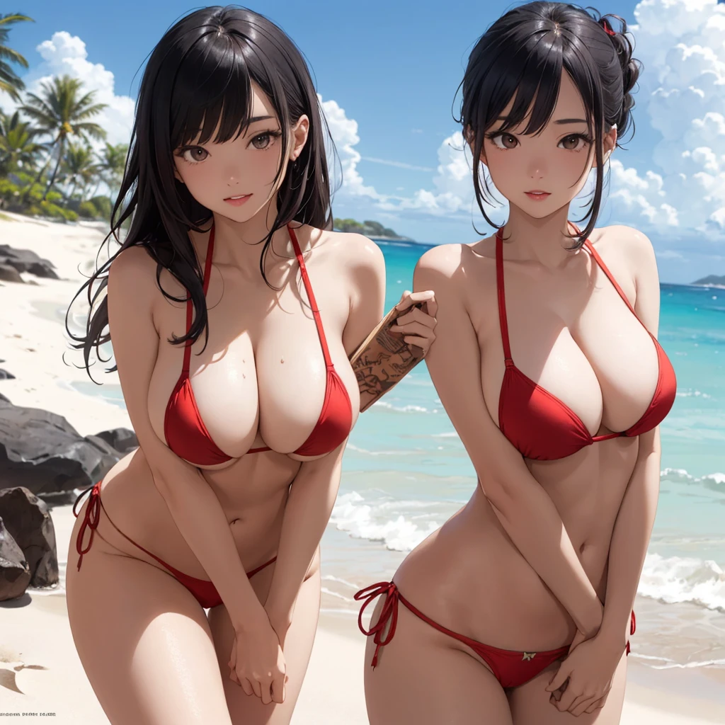 NSFW, (((Uncensored))), (((Clear picture))). high image quality, high resolution, 18 year old beautiful girl、shiny black hair、Hime cut、Brown eyes, dark eyebrows, J-cup huge breasts、172cm tall、tightened waist,、red bikini, sexy pose, Sandy Beach、Blue sky