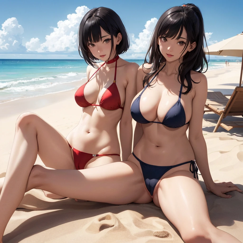 NSFW, (((Uncensored))), (((Clear picture))). high image quality, high resolution, 18 year old beautiful girl、shiny black hair、Hime cut、Brown eyes, dark eyebrows, J-cup huge breasts、172cm tall、tightened waist,、red bikini, sexy pose, Sandy Beach、Blue sky