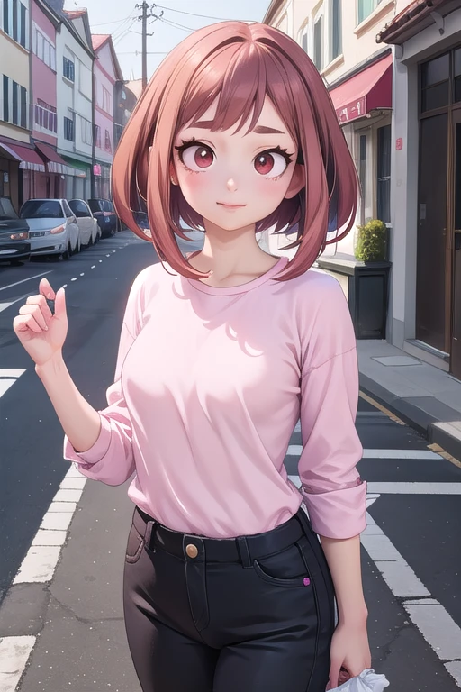 chica anime with a pink shirt and black pants standing in the middle of a street, anime realista 3 d style, arte cg anime suave, seductive chica anime, chica anime, Ilia Kuvshinov. 4k, chica anime in real life, anime realista, guweiz, attractive chica anime, obra de arte al estilo de guweiz, hyper anime realista ochako uraraka