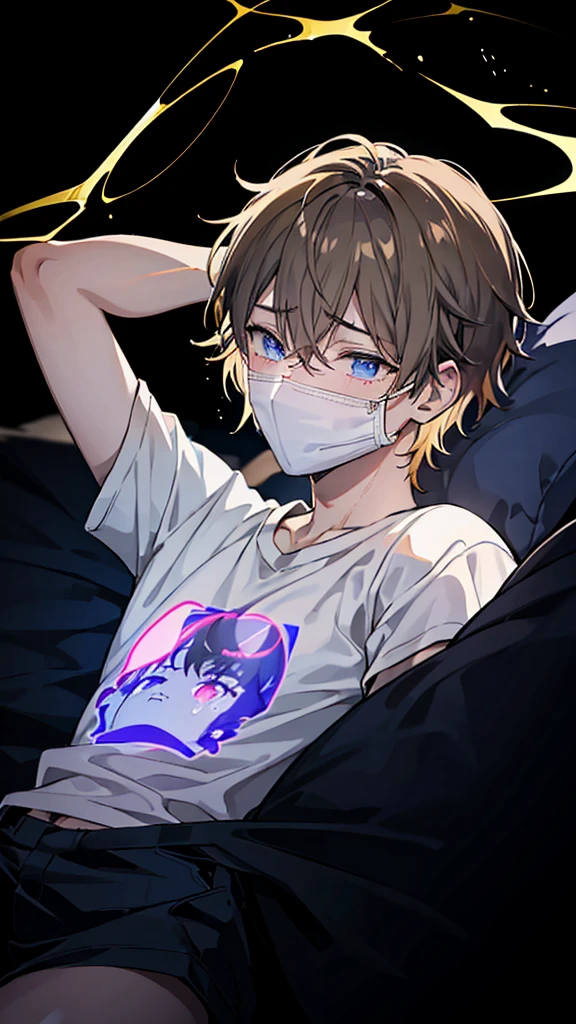 Create an image of a manga-style boy character lying on a bed. Wear a t-shirt that glows from a mobile phone placed face down on your chest. The character is covering his face with appears to be crying. The background is dark and simple.