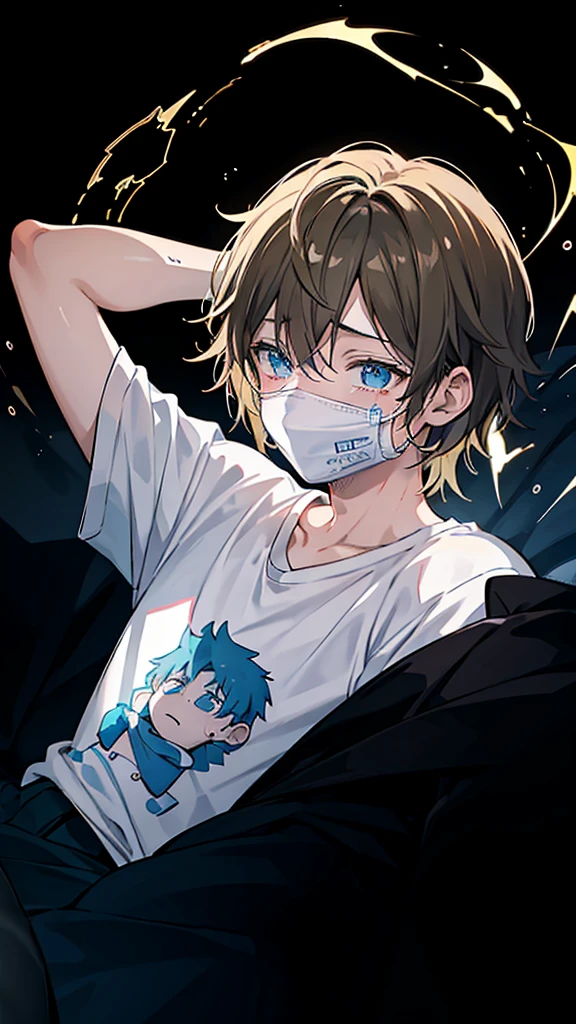 Create an image of a manga-style boy character lying on a bed. Wear a t-shirt that glows from a mobile phone placed face down on your chest. The character is covering his face with appears to be crying. The background is dark and simple.