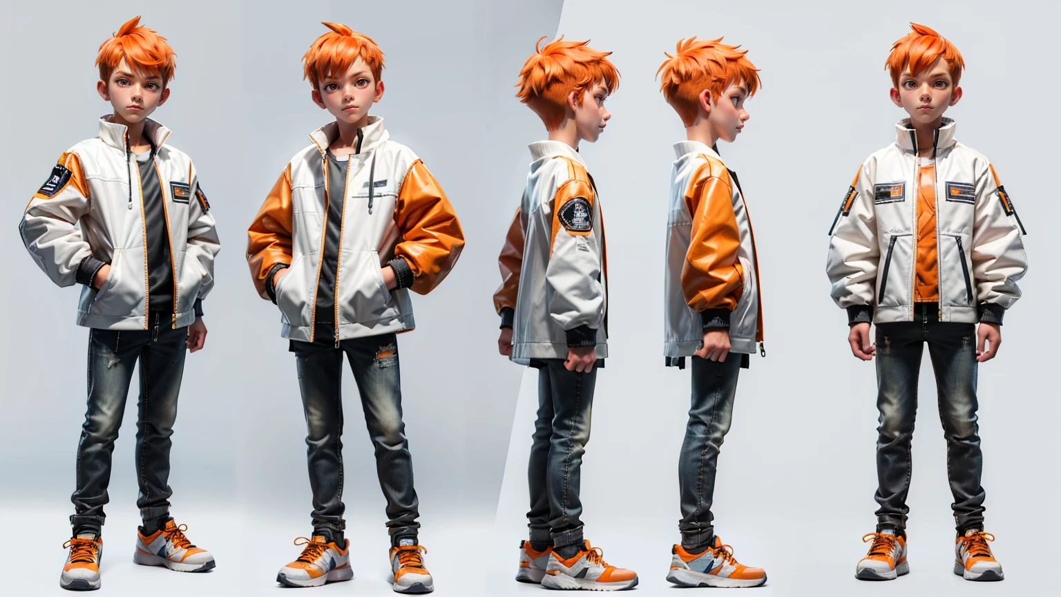cute face boy, cute face, short height boy, wearing casual futuristic white color pent, white dress, full standing pose, Taper Fade hairs, orange Taper Fade style hair, orange hairs, sports shoes, Character Sheet, 12 yo student, Full body, Simple white background, front pose character reference sheet, Concept art, design sheet