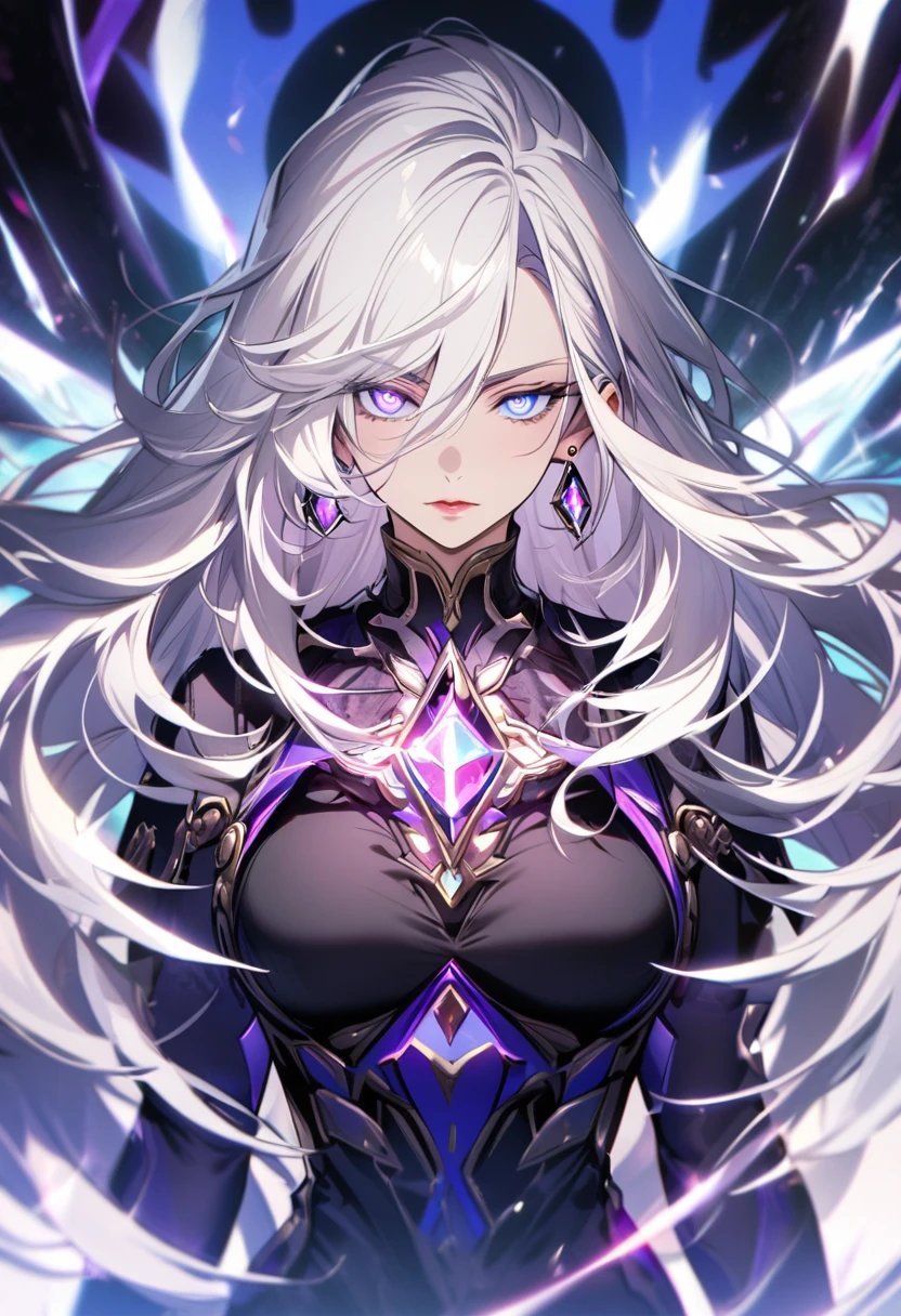 woman, blue eyes, long hair, white hair, mature, god eyes, diamond earings, two colors eyes, purple eyes, glowing eyes