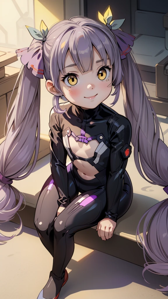 One girl,(((Young face))),((Short))、(((Round face)))、(((Yellow Eyes)))、(((Light purple hair)))、((Twin tails long enough to reach the ground))、(((long hair)))、(Black Ribbon),(smile),Red lips,Cute Face, Sitting,Wearing a full body suit,Black bodysuit,Shiny bodysuit ,Underbust, shirt, ((flat chest, Flat Stomach, )), (Vibrant colors),Ogasawara Hisame