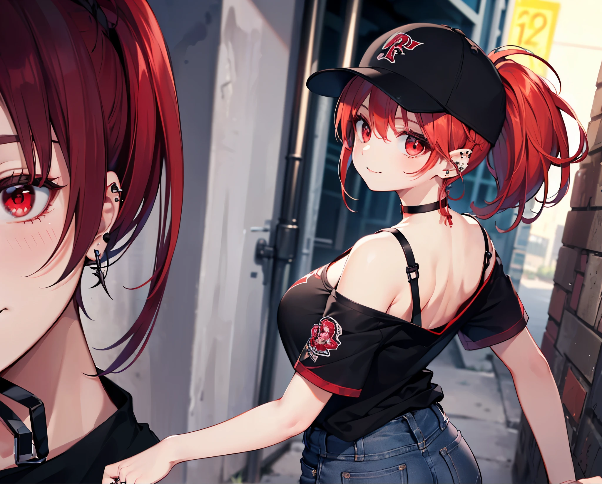 (Close-up:1.3),Realistic,Highest quality, Ultra Detail, High-quality CG rendering, The most delicate and beautiful, Floating softly, High resolution, (1 girl), (Highest quality,4K,8k,masterpiece:1.2),(All red hair:1.5), (ponytail:1.5),(Red eyes:1.5),(Slightly larger breasts:1.2), (Oversized black short sleeve t-shirt:1.3),(Black skinny jeans:1.3),(Black baseball cap:1.3),In the city,old buildings,Narrow back alley,(Turn your back to your audience:1.3),Butt,Are standing,smile,(Piercing in left ear:1.3),(Pitch black choker:1.5)