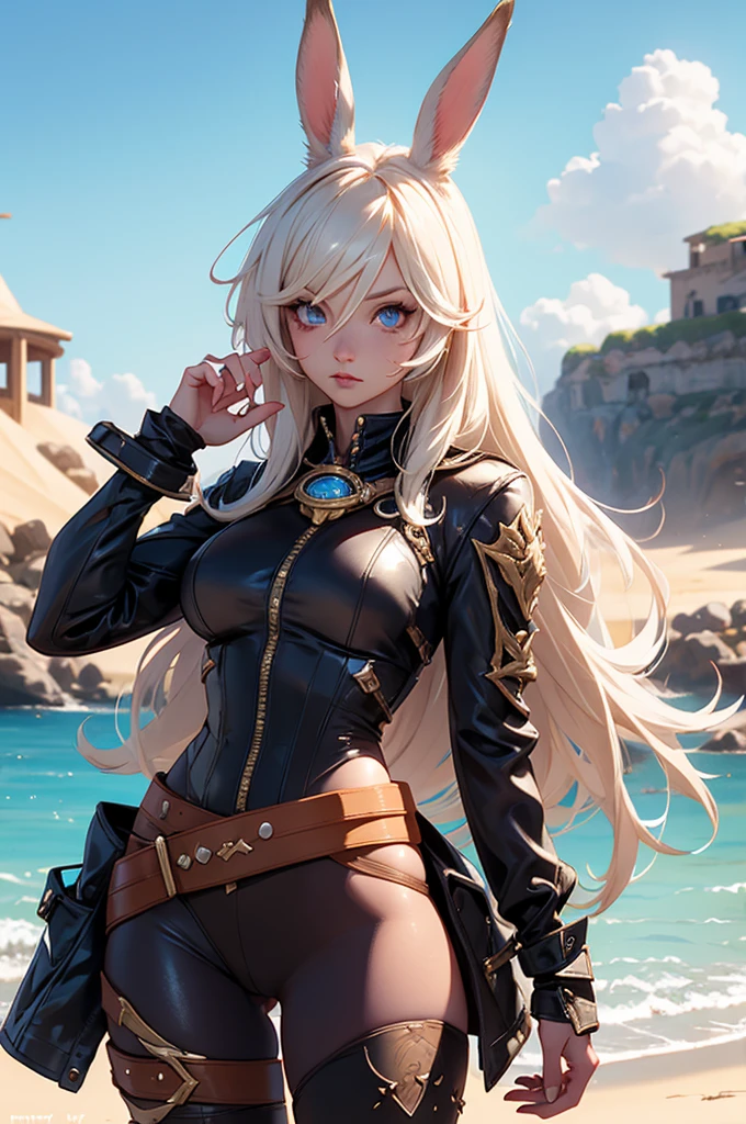 Bunny woman, rabbit woman, final fantasy xiv, hot pants, belt, blue_eyes,skinned_female, fingernails, goggles, goggles_on_head, , hand_on_hip, long_hair, , viera, sand_background
