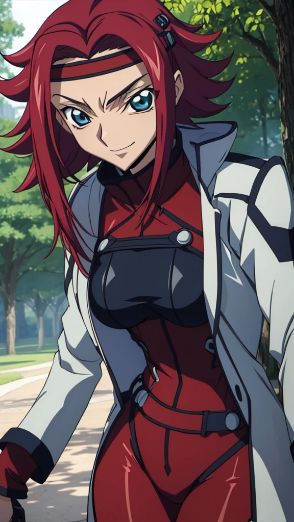 Score_9, score_8, score_7, code Geass_anime, kallen, red hair and blue eyes, dark red bodysuits, smile, cute, park, day, best quality, masterpiece+