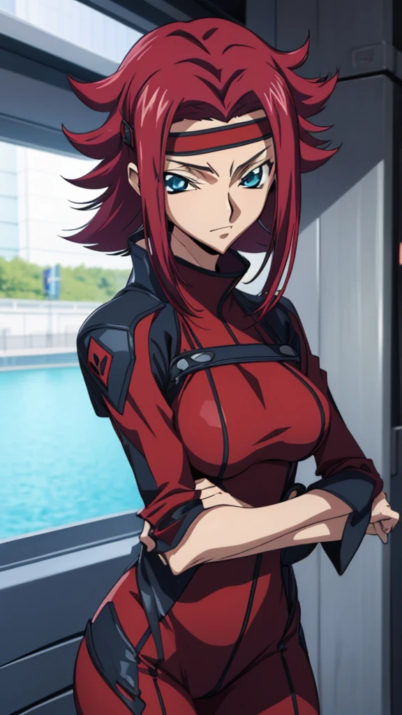 Score_9, score_8, score_7, code Geass_anime, kallen, red hair and blue eyes, dark red bodysuits, smile, cute, park, day, best quality, masterpiece+