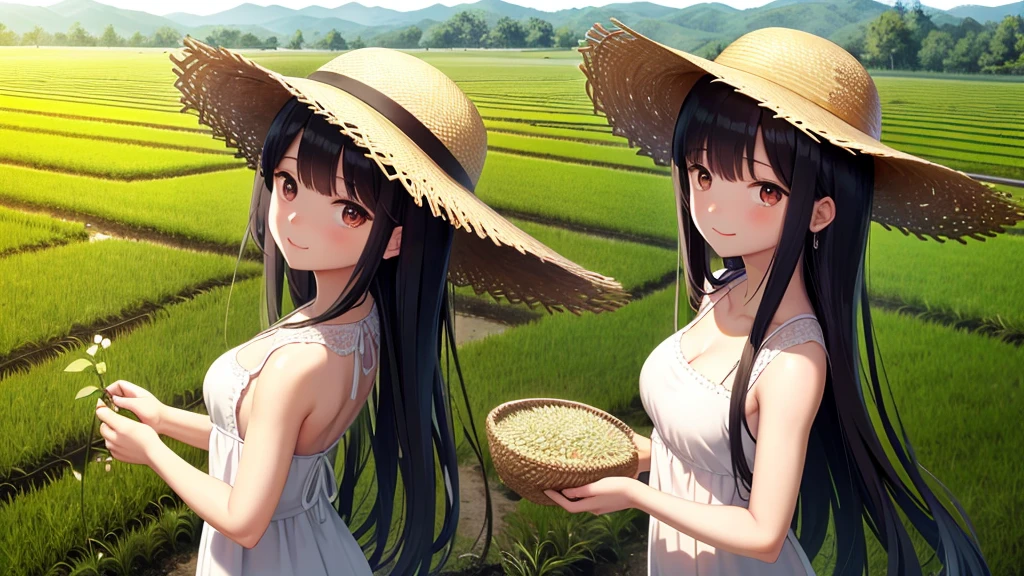 View from the summit,Small seedlings growing in rice paddies,Rice cultivation,Rice transplanter,masterpiece,Long black hair,Large Breasts,Brown eyes,Straw hat,White dress