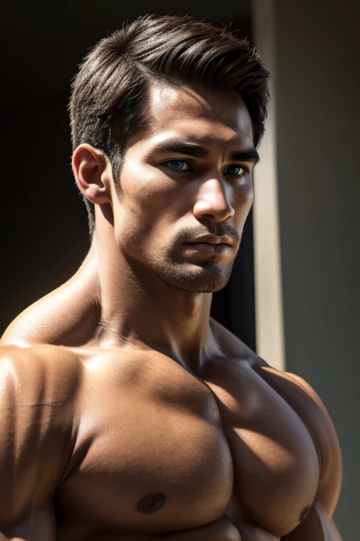 Nadech, ((the best quality)), ((masterpiece)), (detailed), perfect face, male, Perfect Body, short hair, white skin, Shirtless, Sunlight, ((the best quality)), ((Masterpiece)), (details), perfect face, high definition, Masterpiece,4k,details clearly, Handsome face, male body, strong muscles, The most handsome man in the world, handsome, The coolest face, Male characters, close image (1man, shirtless), young man, Extremely muscular tall man, open your eyes ((detailed eyes)), huge, muscular body and Massive, bulging pecs, muscular abs, delicate big eyes, carefree expression, clear face, handsome (detailed face, perfect face) ((extremely realistic shadows, bodybuilding posture, human, ((35-year-old  man)), V shape, close up look, CG sense, Textured skin, the best quality, Storytelling images, shining eyes