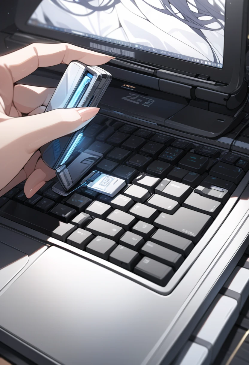 ((background only)),masterpiece, best quality, extremely detailed, ultra detailed, flat anime, 2D, close-up of a female hand, inserting a USB flash memory into a sliver laptop's side USB port, laptop keyboard is visible, the USB flash memory has a black casing,
