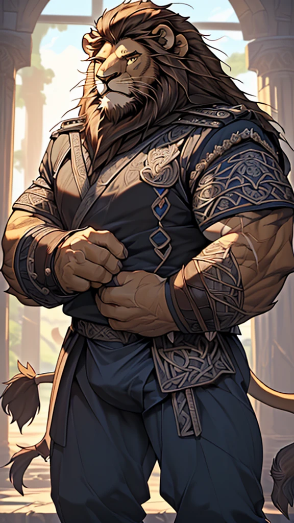 (masterpiece),(highres),(intricate details:1.4),extremely detailed,(illustration:1.2),8k,photorealistic,exquisite,(daddy:1.5),aged,(elder male lion:1.7),muscular,(Viking warrior:1.5),(brave and powerful:1.5),manhood,warrior,long hair,long beard,(numerous scars),(bulging crotch:1.8),(homosexual:1.5),(roaring:1.5),(a uniform that fits snugly against the body:1.6)