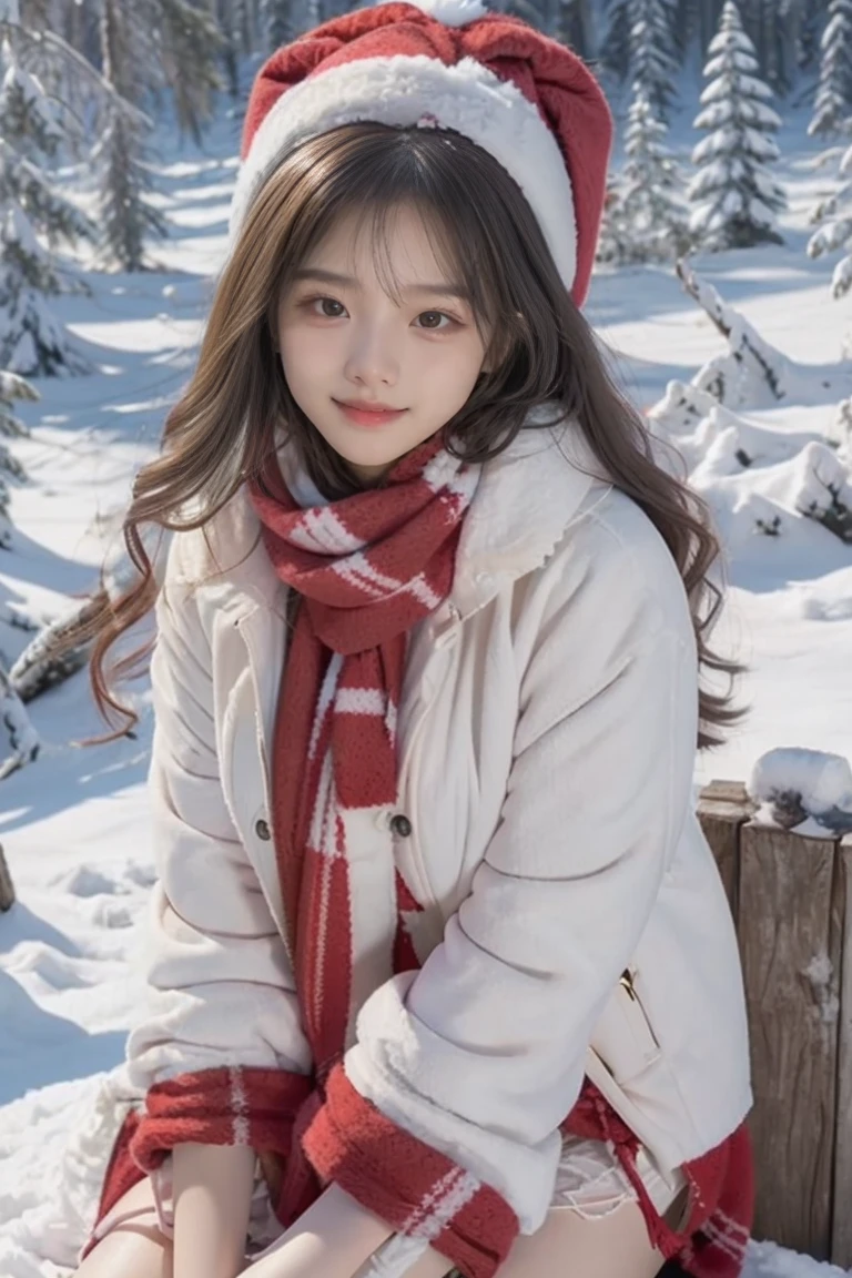 (nsfw), A beautiful girl，long hair slightly curly，(horny emotion), (sexy smile), horny, Wearing a white cotton jacket，Wearing a red plush hat，wearing red scarf，(sitting on the snow), (sex posed), There are pine forests on both sides of the snow field，In the distance is the house，medium shot，(top-bottom view), best quality, masterpiece, ultra high resolution