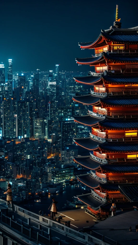samurai men standing on edge of the building watching city at night time, camera focus close, detailed samurai, detailed building, detailed city, detailed night ambient, best quality, highly detailed, masterpiece, 8k scene.