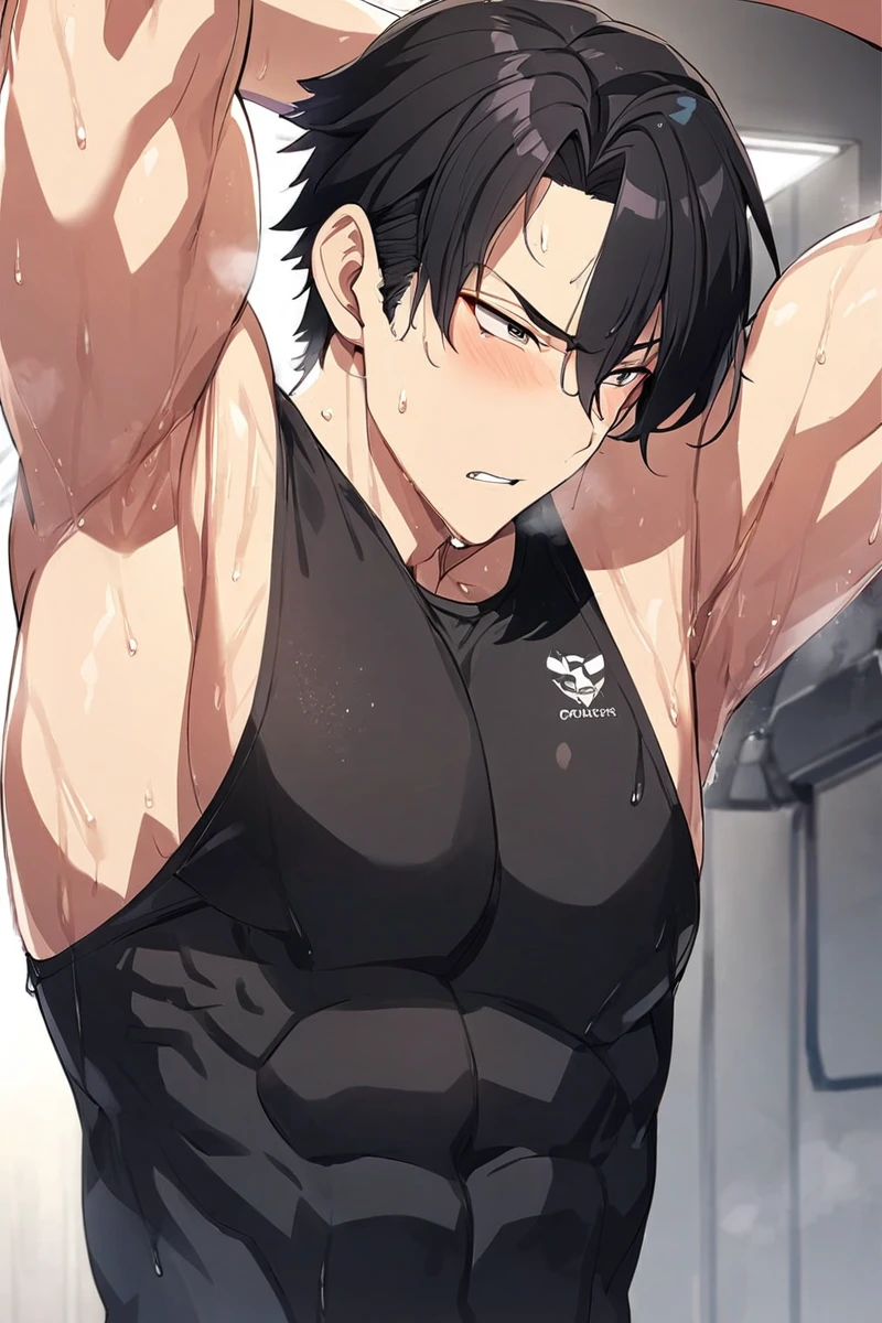 Sixpack anime guy in black tanktop, arms up, sweaty armpits