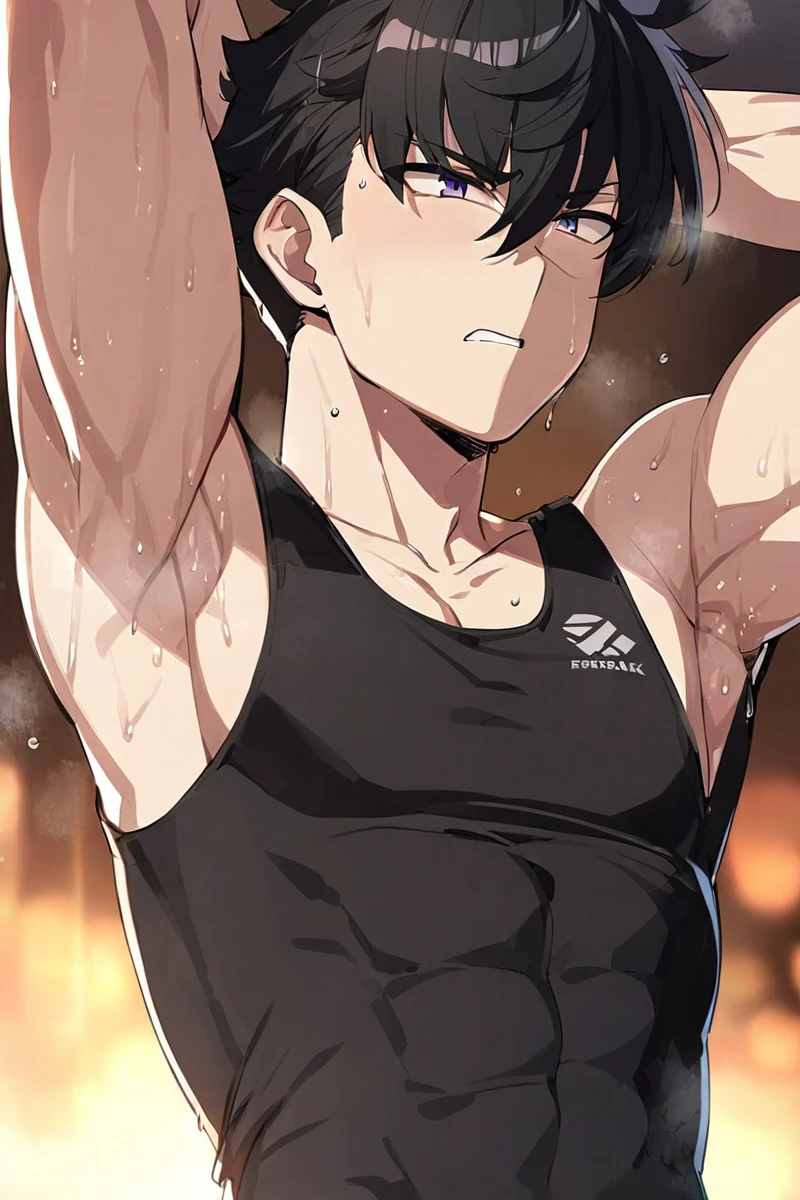 Sixpack anime guy in black tanktop, arms up, sweaty armpits