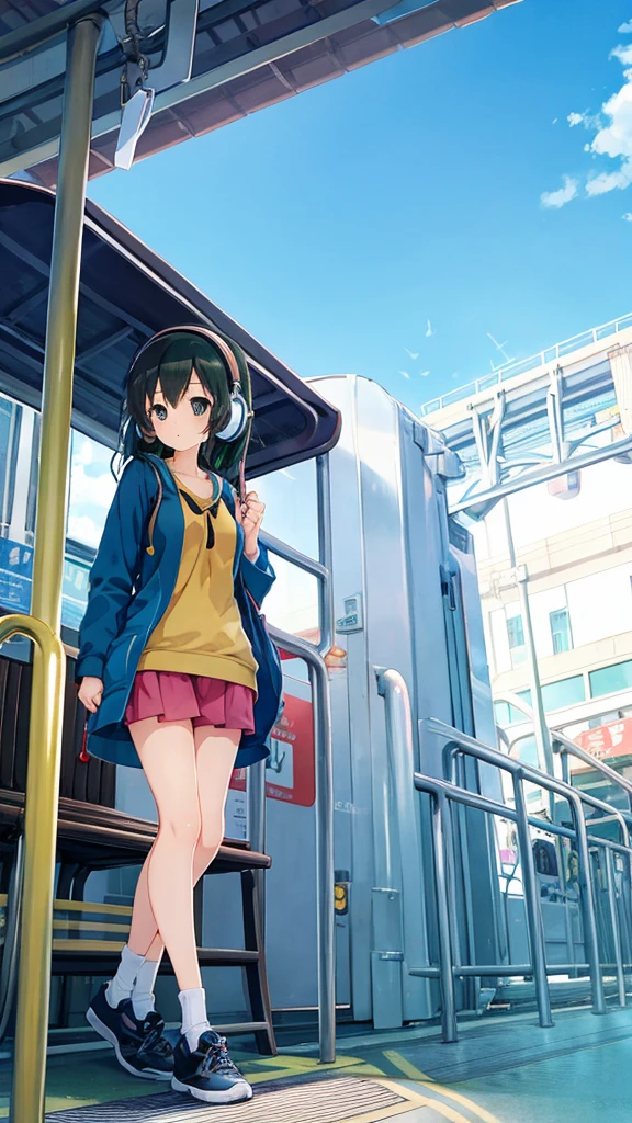 Please draw a cute girl in the style of Studio Ghibli, set on a train station platform. The girl is wearing casual and active clothing, listening to music with headphones, while waiting for her boyfriend to arrive.