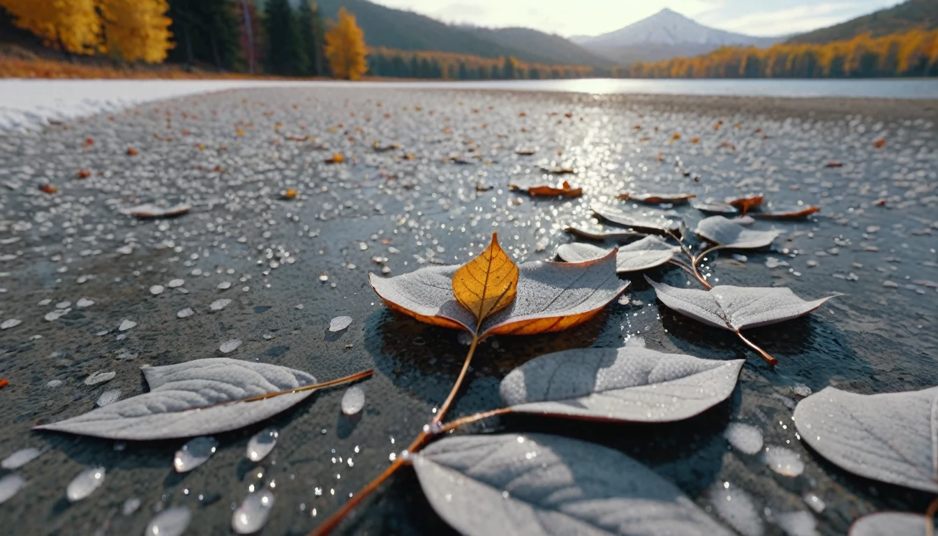 (Pearl Grey leaves),(square leaf), (half withered),(dry lake),magical round leaves leaves falling, snow is falling thinly,nature documentry footage, youtube video screenshot, today's featured photography 4k, autumn rain turkel, nature photography 4k, november, cinematic widescreen shot, leaves and magic, high quality screenshot, 2 0 2 1 cinematic 4 k framegrab, wide screenshot