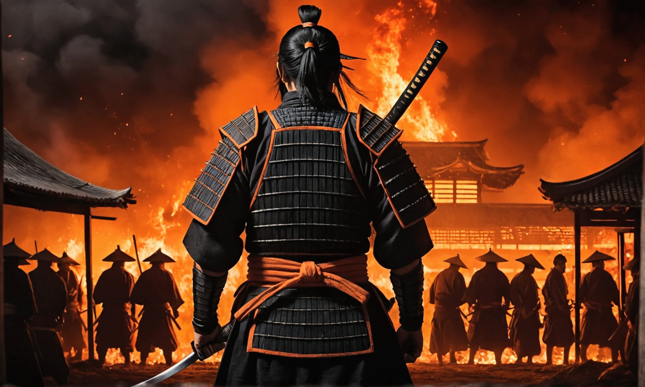 a samurai standing in foreground showing his back holding katana and watching towars the village burning and few people are inside the cages, the atmosphere is dark and scary, the tone is orange