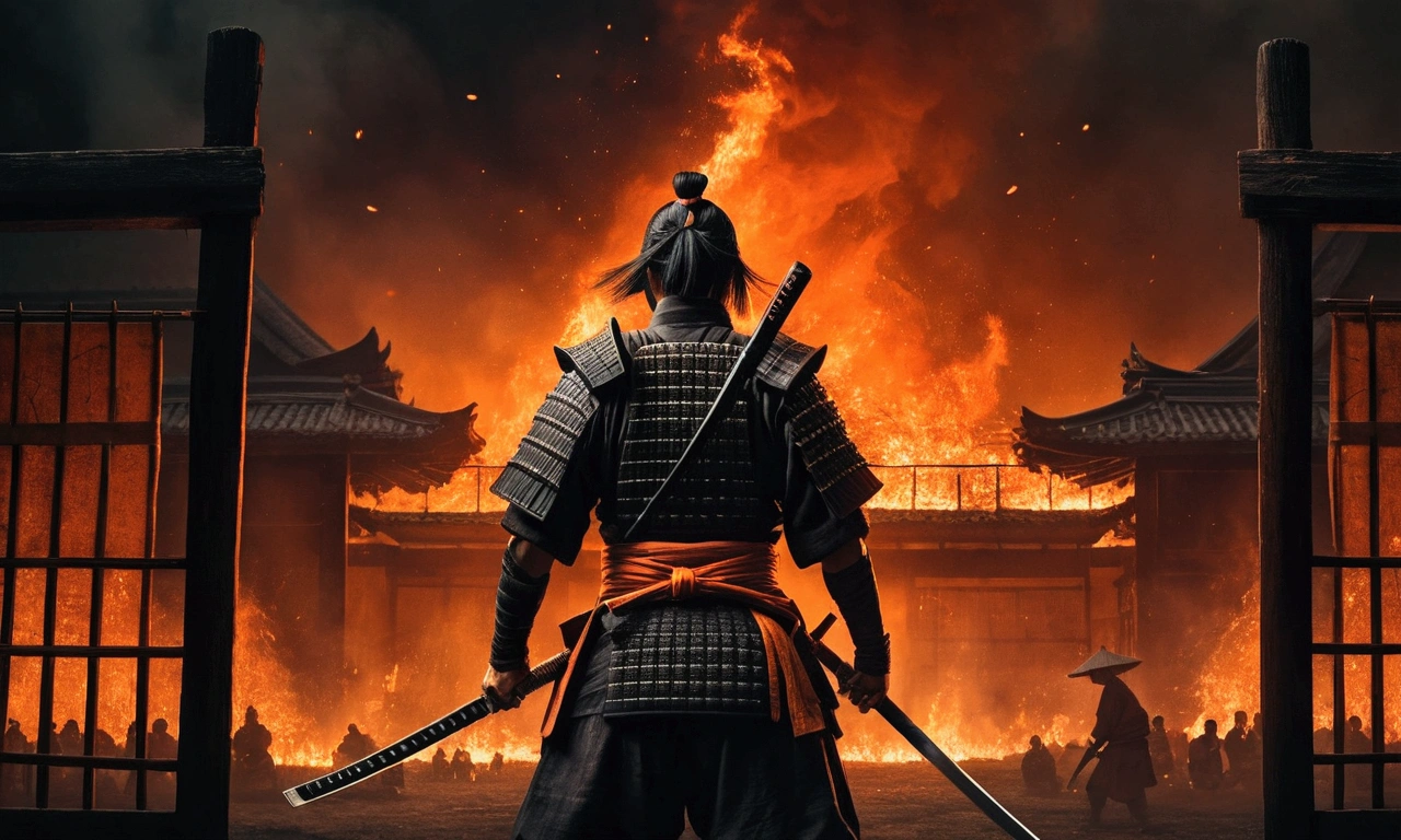 a samurai standing in foreground showing his back holding katana and watching towars the village burning and few people are inside the cages, the atmosphere is dark and scary, the tone is orange