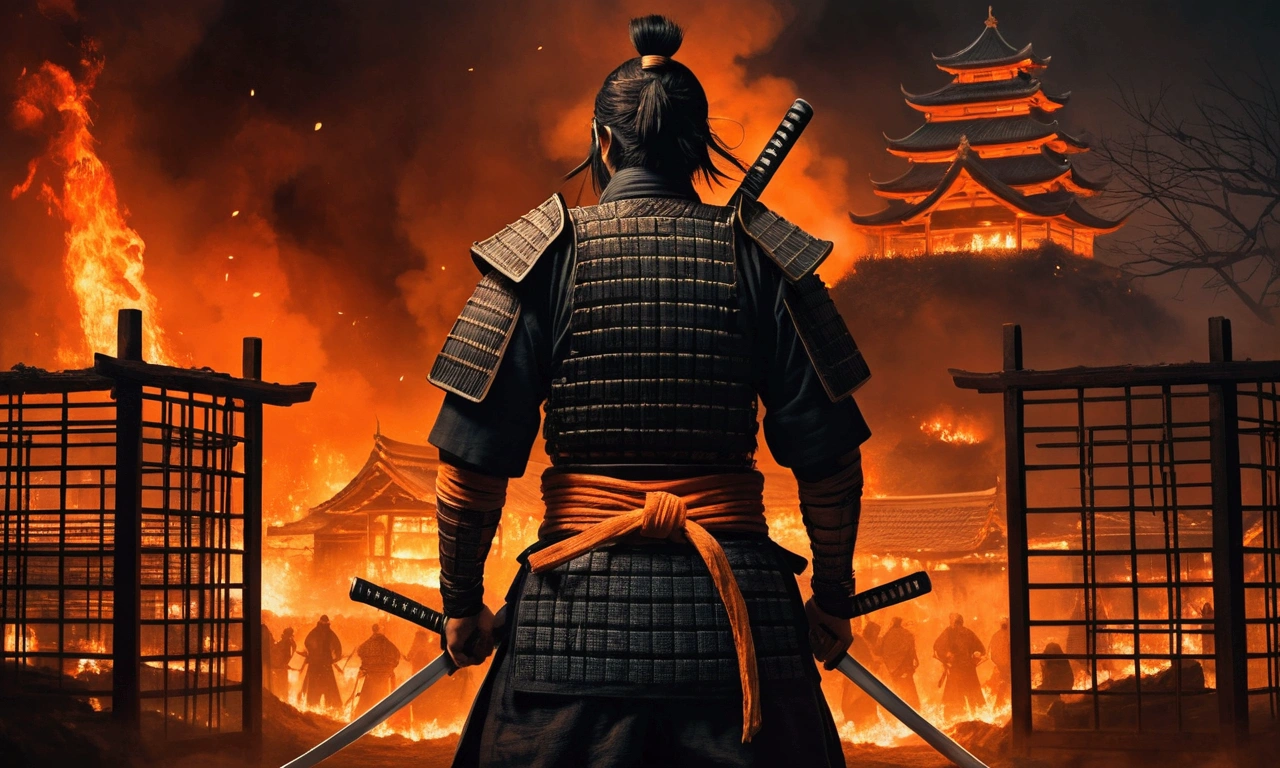 a samurai standing in foreground showing his back holding katana and watching towars the village burning and few people are inside the cages, the atmosphere is dark and scary, the tone is orange