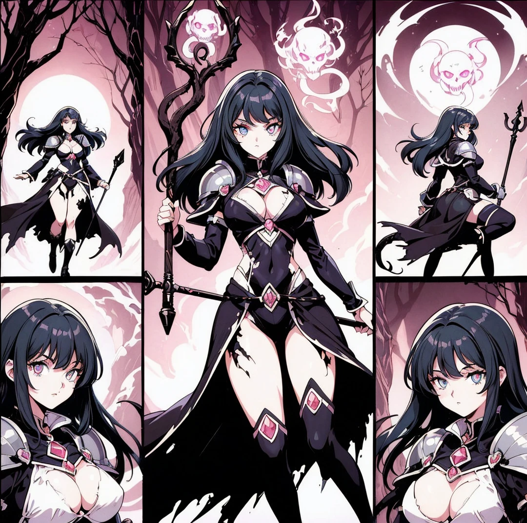 1girl,mature female,30s,sensual,black ouutfit,cleavage,medusa hair,pointy ears,black hair,long hair,(purple skin,colored skin),night,moon,floating,evil smile,dynamic pose,demon girl