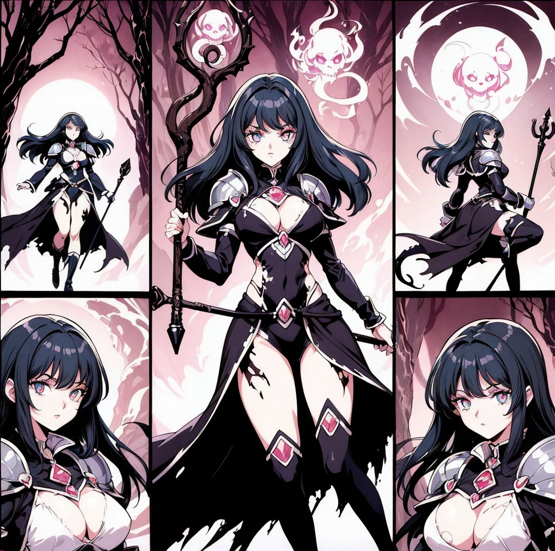 anime screenshot, 1 adult girl, dark sorceress witch, magic battle scene, powerful sorcery technique, anime tv, anime fantasy shonen, dark fantasy, magic ability, pink fire skeletons, cel shading - Adult female witch lying on the ground in attack stance, crawling ready to attack, chained in holy shackles, very long charcoal black hair covering her face as if a long time has passed and very dark and light adult eyes, a look of murderous madness and an athletic body, dark torn clothes with a long dirty torn dress, torn shoulder pads with snake details on the tip, snakes glowing a ghostly light blue around her sprout from the character's back, they slither through the cave where they were found, the detail of the cave is the blood on the walls and skulls and food remnants and dust.