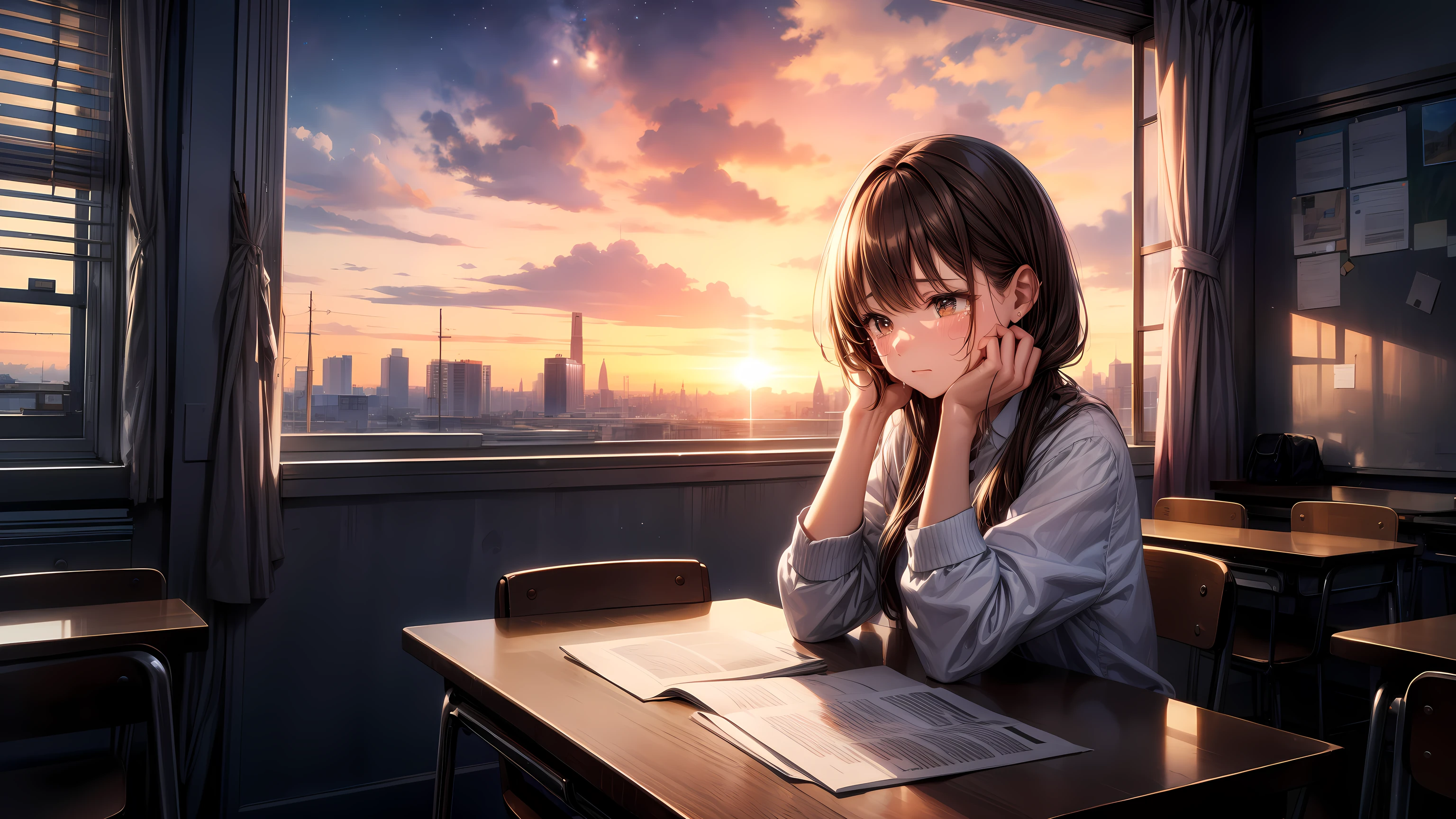 masterpiece, best quality, high quality, detailed, ultra detailed, hyper detailed, insanely detailed, exquisite, beautiful, FHD, Full-HD, 4K, 8K, 16K, highres, absurdres, a girl, sad, crying, streaming tears, wiping tears, looking down, semi long, brown hair, brown eyes, pale skin, , Sad Scene, in the classroom, with a starry sky, with a nebula, in the evening, beautiful