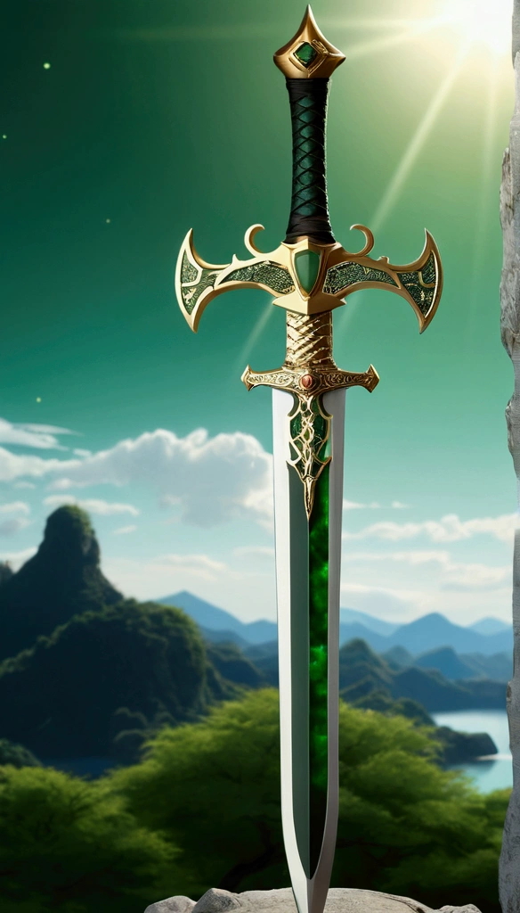 Excalibur, Delicate mango, The sword body is exquisite,well decorated with dragon accent,(((The sword body is designed with a green Jade and light green particle effect shape pattern..:1.3))), Should, (The sword body is symmetrically decorated:1.3), (The entire Excalibur blade is centered:1.3), Close-up at medium range,(General silhouette:1.3),(Fantastic landscape painting:1.2), Ultra Realistic Photo, super-fine, 8K, Premium wallpapers, the highest picture quality, ..。.。.。.3D,C4D, tmasterpiece, rendering by octane