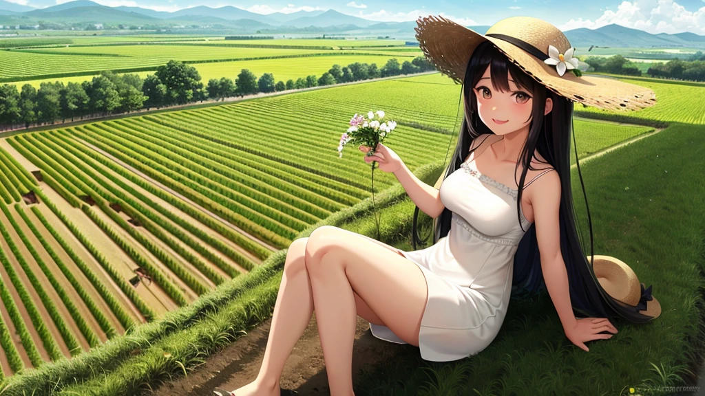 View from the summit,Small seedlings growing in rice paddies,Rice cultivation,Rice transplanter,masterpiece,Long black hair,Large Breasts,Brown eyes,Straw hat,White dress