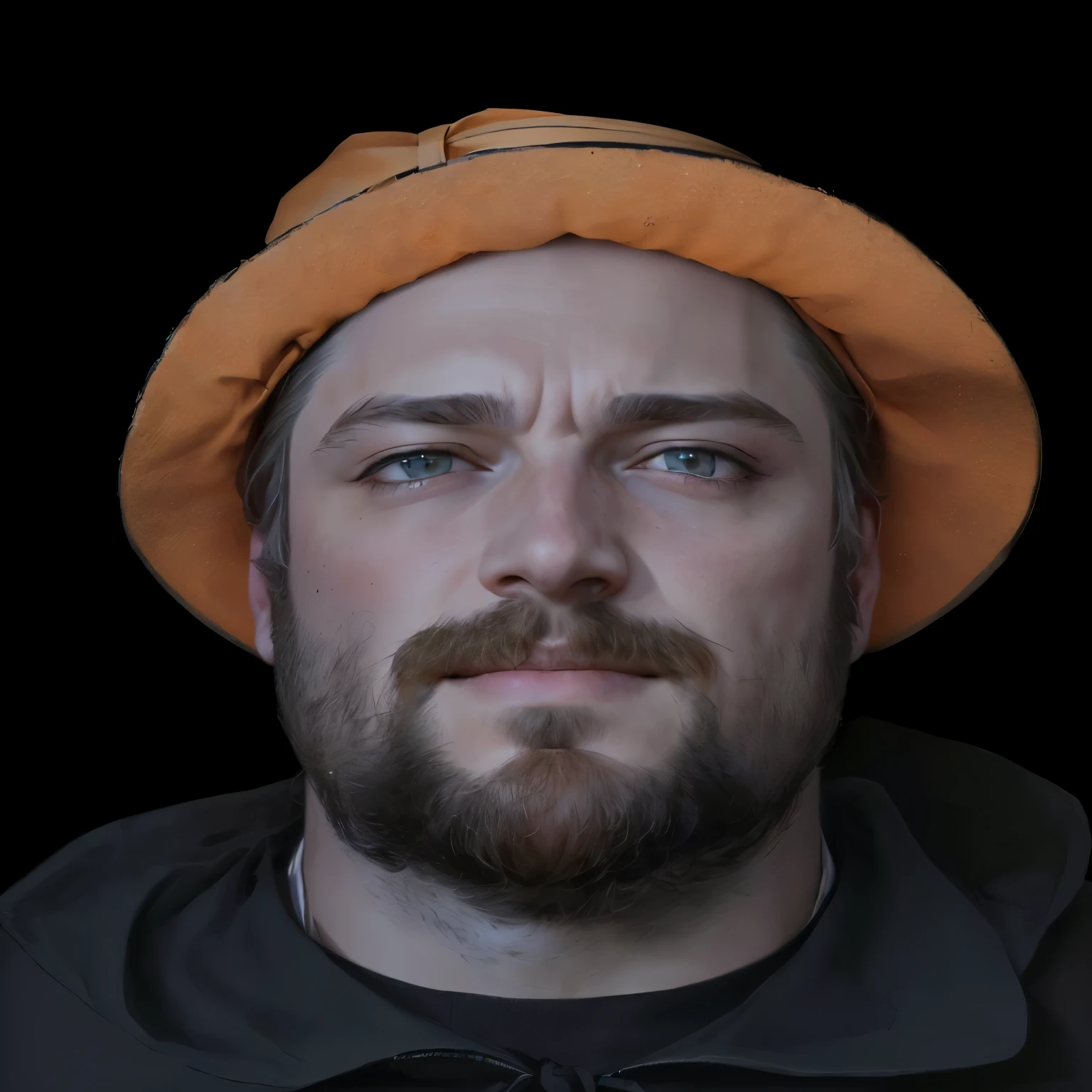 There is a man with a hat on and a beard, demna gvasalia, highly detailed vfx portrait, h3h3, highly Detailed vfx portrait of, soft portrait shot 8 k, portrait of sam hyde, portrait shot 8 k, 4k symmetrical portrait, 4k symmetrical portrait, man at a booth for an orange company, he's an employee