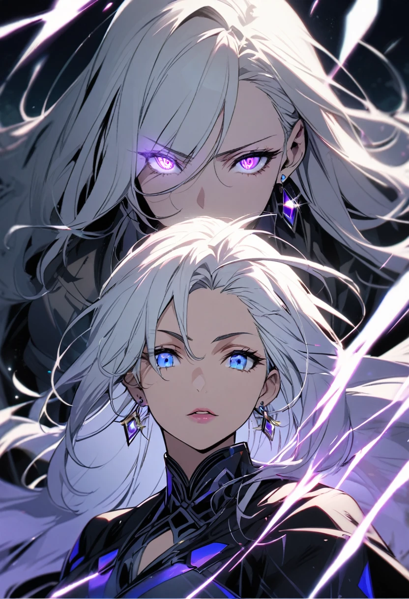 woman, blue eyes, long hair, white hair, , god eyes, diamond earings, two colors eyes, purple eyes, glowing eyes