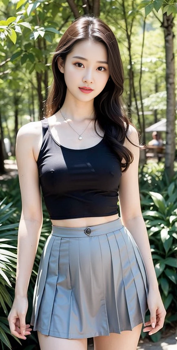 8K picture quality、high resolution、Realistic skin texture、high resolutionの瞳、Asian woman in grey top and skirt posing for photo, wear a skirt, Dark red skirt, 透明Dark red skirt, wear a skirt, pleated mini skirt, mini skirt, wearing a tanktop and skirt, 暗红mini skirt, Wide skirt, Dark red pleated skirt, Short skirt, Thin waist, Short skirt length, (A girl in the forest), Perm、Photos of slim girl models