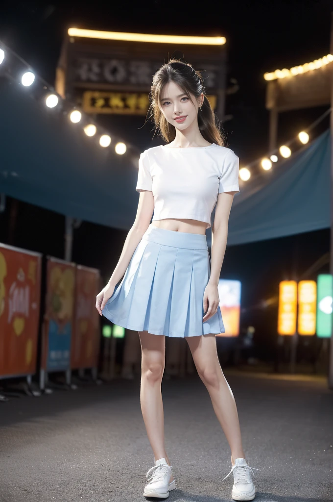 (((best quality))),(((ultra detailed))),(((masterpiece))),illustration,((a beautiful girl,solo)),(shoulder length straight hair:1.2),((slim,thin)),((small breasts,flat chest,claviclis,navel)),(blue short-sleeved white shirt:1.5),(blue mini-skirt:1.3),(slender legs:1.2),(sneakers:1.3),(standing:1.3),(arms behind back:1.3),(on the stage:1.3),((outside a shopping mall, at the entrance of a beer promotional event)),((surrounded by crowded crowds)),((hair and skirt fluttering in the air)),expressive eyes,infectious smile,the stage adorned with colorful decorations,vibrant atmosphere,(night scene:1.3),(from front:1.3),(full body:1.3),