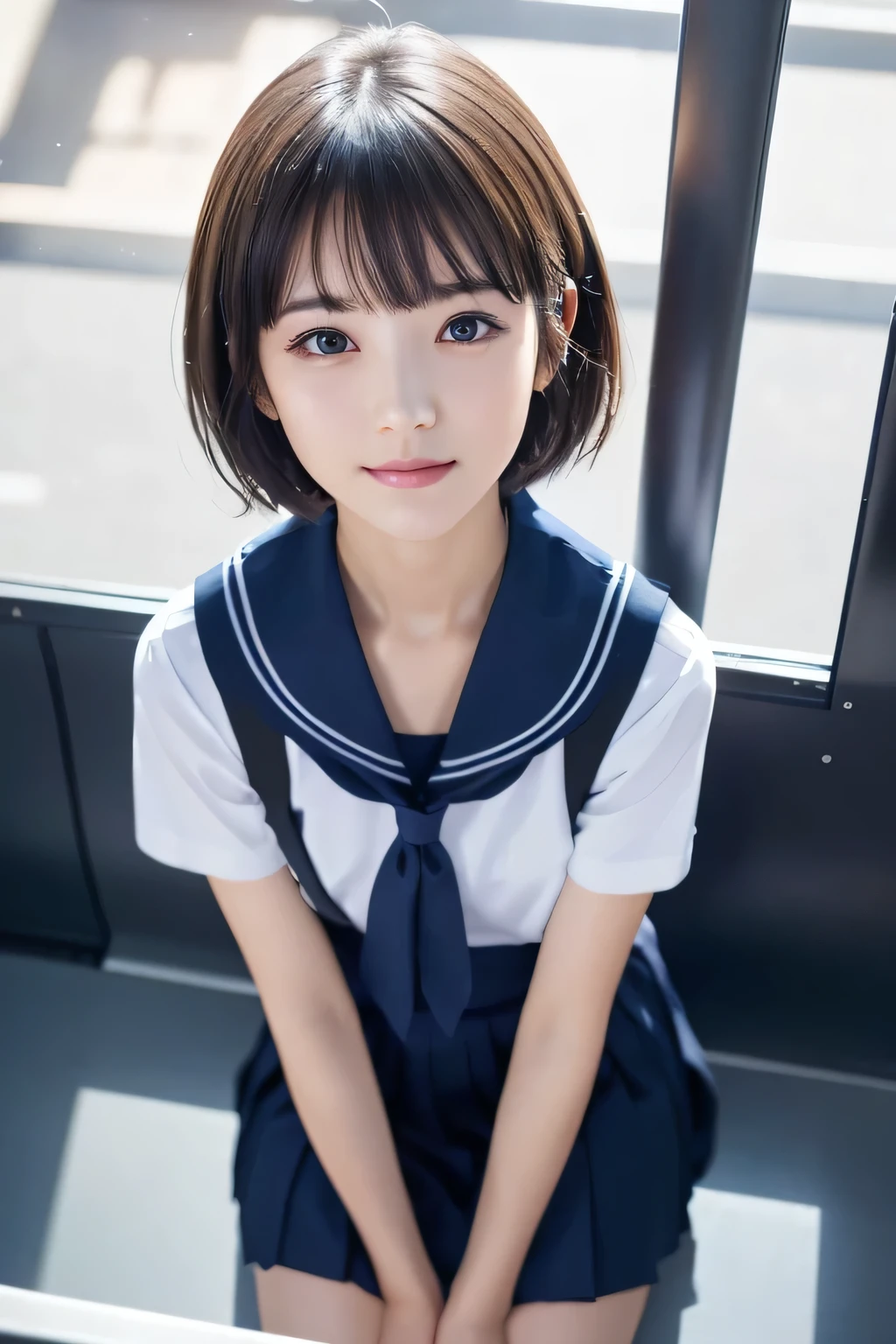 Beautiful girl sitting on the bus, (Highest quality:1.4), (Very detailed), (Very detailed美しい顔), (Looking Outside:1.4), japanese sailor suit, Great face and eyes, iris, Bob Hair, Black Hair, (Skinny body type:1.2), (Sailor suit, school uniform:1.2), Short sleeve, (Close-up of face:1.5), smile, (From above:1.7), Smooth, Very detailed CG synthesis 8k wallpaper, High-resolution RAW color photos, Professional photography, Light, BackLight, dream-like, impressive, Written boundary depth