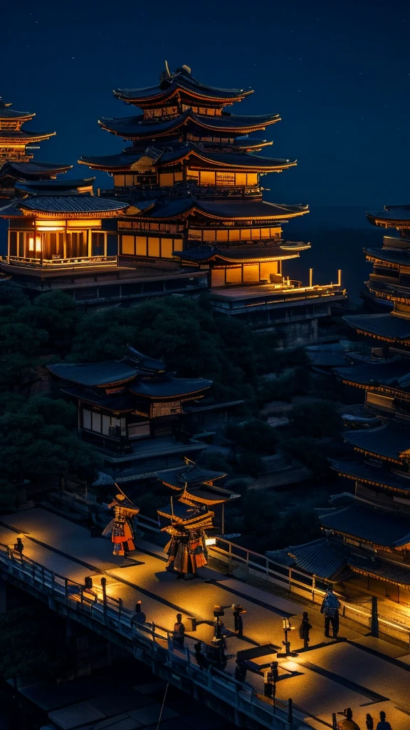 samurai men standing on edge of the building at night time, camera focus close, detailed samurai, detailed building, detailed night ambient, best quality, highly detailed, masterpiece, 8k scene. 