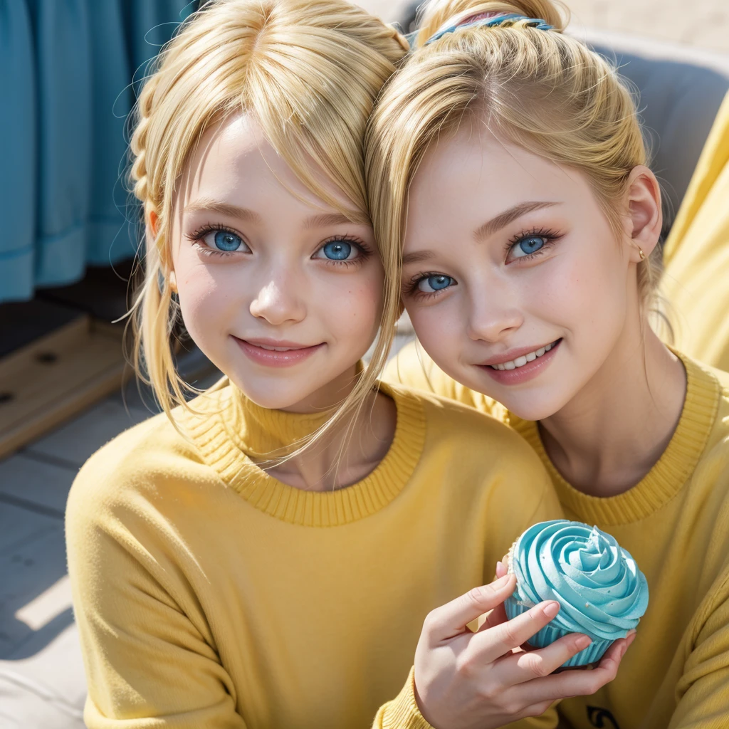 Girl, short yellow hair, ponytail, blue eyes, yellow clothes, holding a pink cupcake, smiling