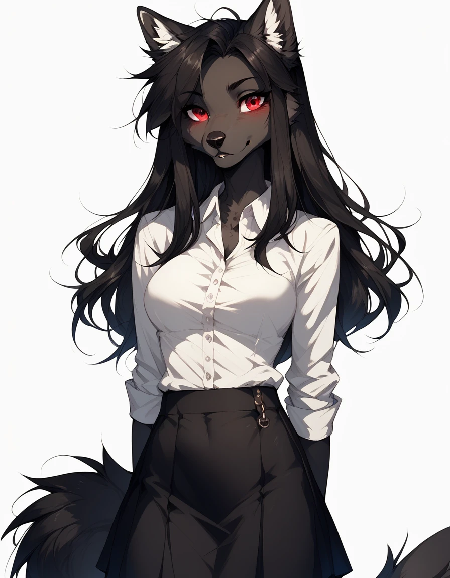 solo, score_9, score_8_up, score_7_up, Natasha, an anthro furry wolf girl, long black hair, straight hair, red eyes, cute snout, black nose, all dark grey furry body, tall, medium breasts, wearing white shirt, black short skirt, white background