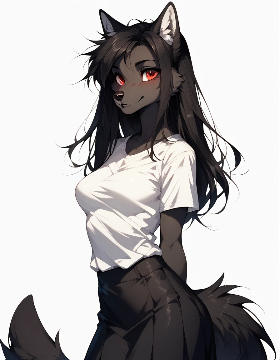 solo, score_9, score_8_up, score_7_up, Natasha, an anthro furry wolf girl, long black hair, straight hair, red eyes, cute snout, black nose, all dark grey furry body, tall, medium breasts, wearing white shirt, black short skirt, white background