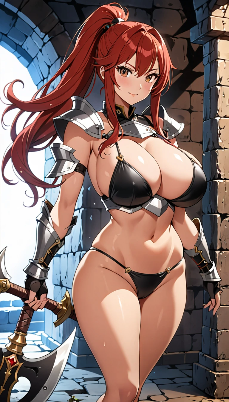 ((masterpiece)), ((high quality)), ((super detailed)), ((high resolution)) ,((8k)), a beautiful woman, ((She is one of the most famous female warrior)), unparalleled beauty, ((huge breast:1.6)), ((large ass:1.2)), ((deep cleavage)), slim waist, chest out, ultra detailed face, perfect skin, (((Red long hair ponytail))), Brown eyes,  detailed eyes, whole body image, (((anime))), ((glamorous)), 24 years old, ((incredibly beautiful woman)), ((The G cup bust)),  ((((Black Bikini Armor)))),  ((beautiful breasts)), beautiful legs, 8 life size, anime, the most beautiful, ((charm)), ((Grown-up face)), ((Perfect fingers)), ((Bewitching)), ((heroine)), ((Inside the dungeon, Adventurer, explore)), Dazzling Smile, ((erotic)), ((Holding a long battle axe in both hands)),