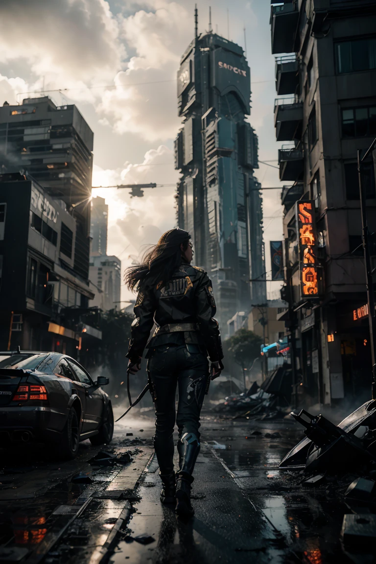 (Highest quality, Ultra HD, 16k, Masterpiece) A powerful girl walks confidently in front of her rugged, futuristic car amidst a chaotic and war-torn metropolis. The shot is a medium to long view, capturing her determined presence and the complete surroundings around her. She gazes ahead with a fierce, unyielding expression, embodying strength and resolve. She wears a fitted mecha tshirt under a stylish jacket and jeans pants, her attire blending practicality with a touch of modern flair. The jacket is detailed with guns, rifles, and utility pockets, enhancing her battle-ready appearance. Her hair is tousled and windswept, adding to her dynamic presence. The car behind her is a heavily modified, armored vehicle, its exterior scarred from countless battles. It stands as a testament to her resilience and resourcefulness, with various gadgets and weapons mounted on its frame. The car's sleek, complements the overall gritty atmosphere. In the background, the entire skyline of the metropolis is visible, partially obscured by smoke and ash. Skyscrapers tower amidst the chaos, many of them heavily damaged with gaping holes and crumbling facades. Explosions light up the scene, casting an eerie glow over the widespread destruction. Spaceships hover menacingly in the sky, engaged in fierce aerial battles, their sleek designs contrasting with the devastation below. The ground is littered with debris and remnants of destroyed structures, adding to the sense of a world torn apart by conflict. Scraps of metal, shattered glass, and remnants of vehicles are scattered across the landscape, emphasizing the scale of destruction. The lighting is dramatic, with sharp contrasts that highlight the textures of her attire and the metallic surface of her car. The interplay of light and shadow emphasizes the intense expression on her face and the chaos in the background. Hollywood action movie. Action film, ((tshirt)), (((fully covered mecha tshirt))), (((mecha jacket on top))), (((guns)))