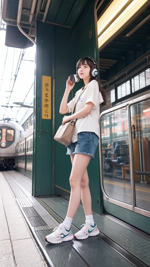 Please draw a cute girl in the style of Studio Ghibli, set on a train station platform. The girl is wearing casual and active clothing, listening to music with headphones, while waiting for her boyfriend to arrive.