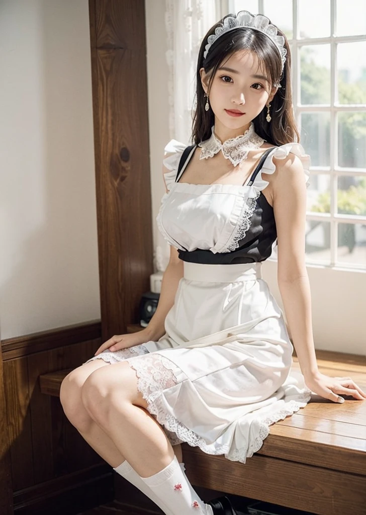 Medium chest, Dressed, Perfect lighting, break, (Maid clothes:1.5), (Black and White Palette:1.2), (Lace details:1.3), (Silk material:1.2), (Apron dress:1.4), (fit&Flared silhouette:1.3), (White lace blouse:1.4), (Black vest:1.2), (Gold Button:1.1), (High Waist Skirt:1.3), (Black flared skirt:1.4), (White knee-high socks:1.3), (Black Mary Jane Shoes:1.2), (Lace Headband:1.2), brake, (From the upper body to the knees:1.2), (An elegant maid pose with her skirt slightly lifted with one hand:1.4), (Simple and elegant interior background:1.2), (Soft natural light:1.3),日本woman, smile, whole body, Slim face, きれいなwoman,Japanese,23 years old,woman,Brown long straight hair,Wet body,Perfect body,Trained abdominal muscles,Shiny skin,Highest quality,日本のwoman一人,diamond,Earrings