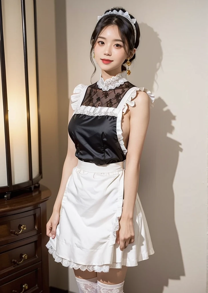 Medium chest, Dressed, Perfect lighting, break, (Maid clothes:1.5), (Black and White Palette:1.2), (Lace details:1.3), (Silk material:1.2), (Apron dress:1.4), (fit＆Flared silhouette:1.3), (White lace blouse:1.4), (Black vest:1.2), (Gold Button:1.1), (High Waist Skirt:1.3), (Black flared skirt:1.4), (White knee-high socks:1.3), (Black Mary Jane Shoes:1.2), (Lace Headband:1.2), brake, (From the upper body to the knees:1.2), (An elegant maid pose with her skirt slightly lifted with one hand:1.4), (Simple and elegant interior background:1.2), (Soft natural light:1.3),日本woman, smile, whole body, Slim face, きれいなwoman,Japanese,23 years old,woman,Brown long straight hair,Wet body,Perfect body,Trained abdominal muscles,Shiny skin,Highest quality,日本のwoman一人,diamond,Earrings