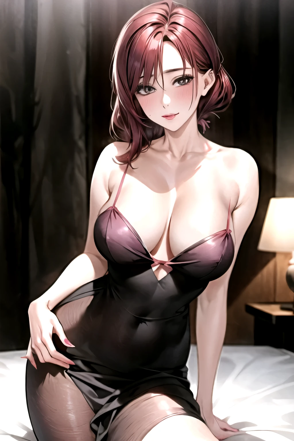 ((best quality)), ((masterpiece)), (detailed), milf, sexy pink dress, hips up, หน้าอกใหญ่มาก, Curtain Bangs, Red Hair, แสงแบบภาพยนต์, Sexy pose, on bed, night,