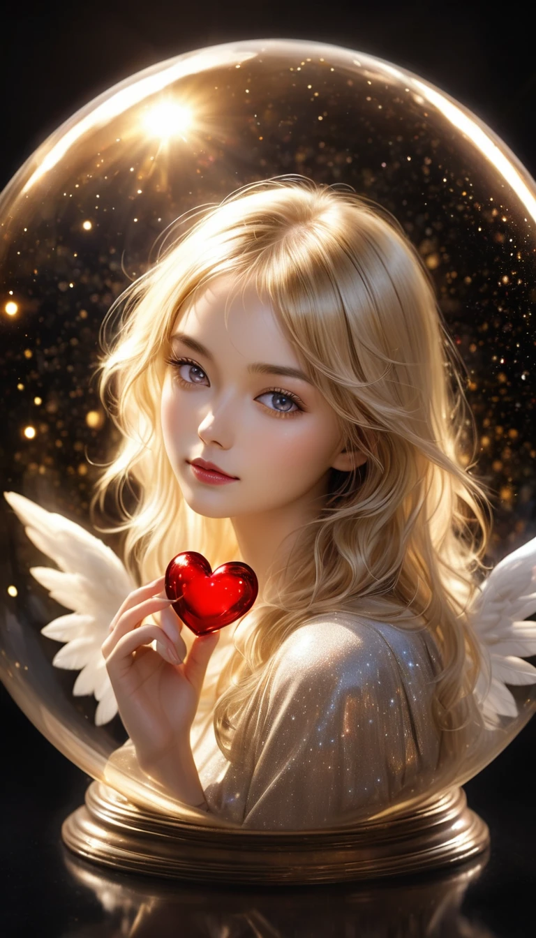 In a golden transparent glass bubble, Dark Star Background, Beautiful blonde 30 year old angel with a red heart, k resolution super detailed