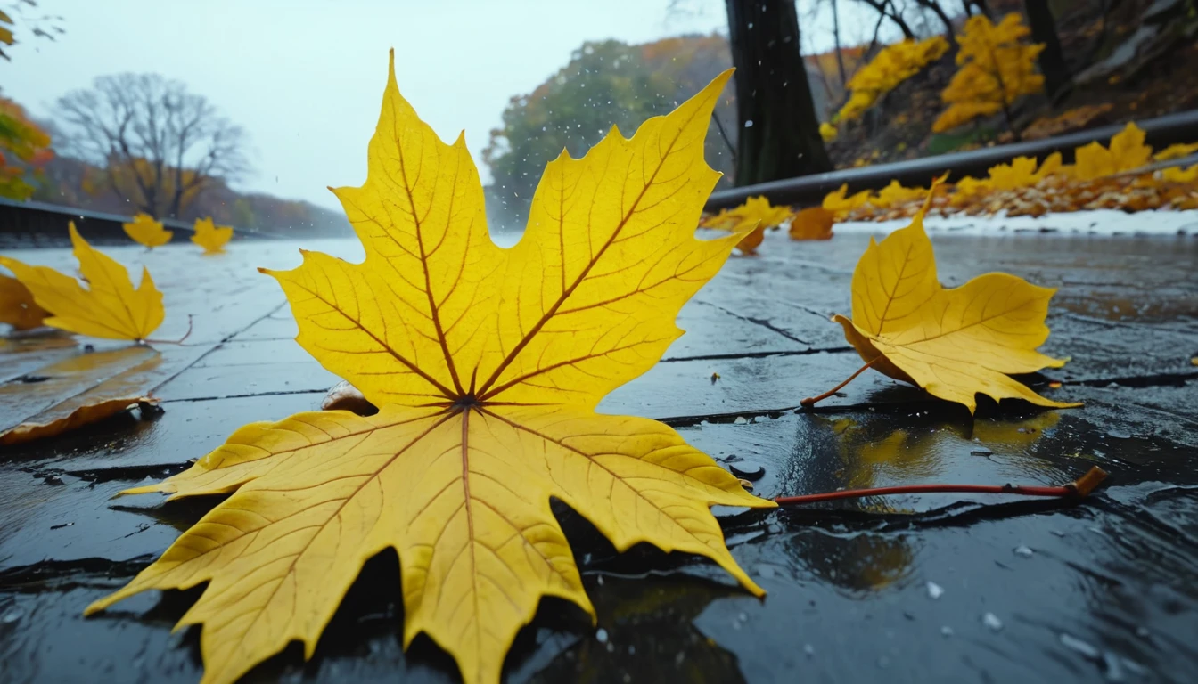 (Lemon Yellow gradation leaves),(winter leaves), (half withered),(niagara falls),magical round leaves leaves falling, snow is falling thinly,nature documentry footage, youtube video screenshot, today's featured photography 4k, autumn rain turkel, nature photography 4k, May, cinematic widescreen shot, leaves and magic, high quality screenshot, 2 0 2 1 cinematic 4 k framegrab, wide screenshot