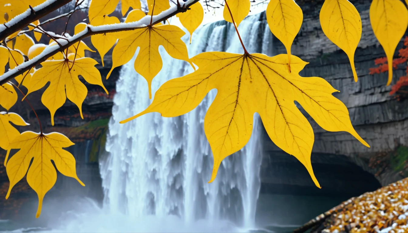 (Lemon Yellow gradation leaves),(winter leaves), (half withered),(niagara falls),magical round leaves leaves falling, snow is falling thinly,nature documentry footage, youtube video screenshot, today's featured photography 4k, autumn rain turkel, nature photography 4k, May, cinematic widescreen shot, leaves and magic, high quality screenshot, 2 0 2 1 cinematic 4 k framegrab, wide screenshot