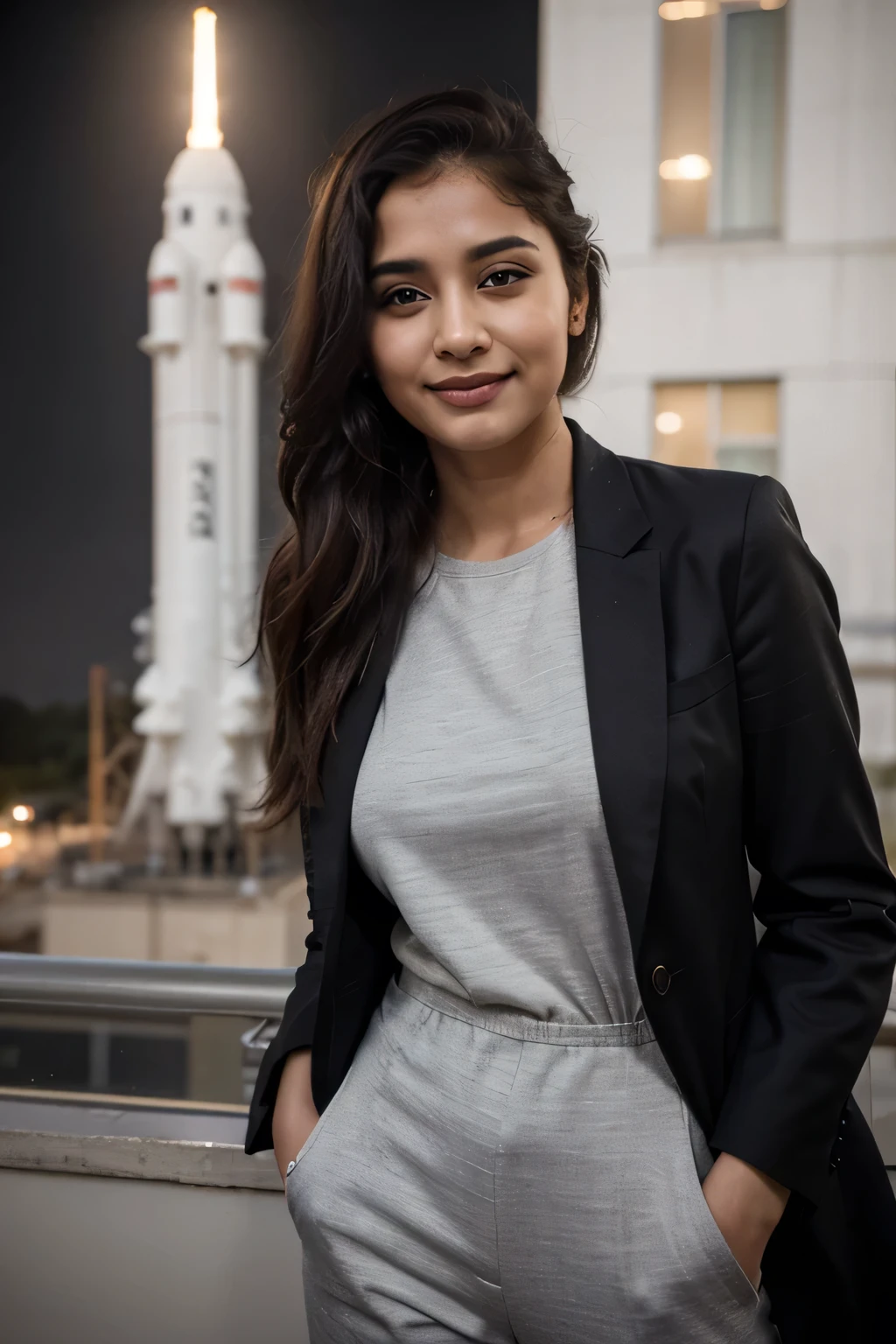 ((best quality)), ((masterpiece)), (detailed), 
 A 21 year old beautiful Indian girl with long hair smiling face beautiful eyes ponytail hairstyle wearing suit coat pant blazer dark colour dress standing in space centre a large rocket under construction background